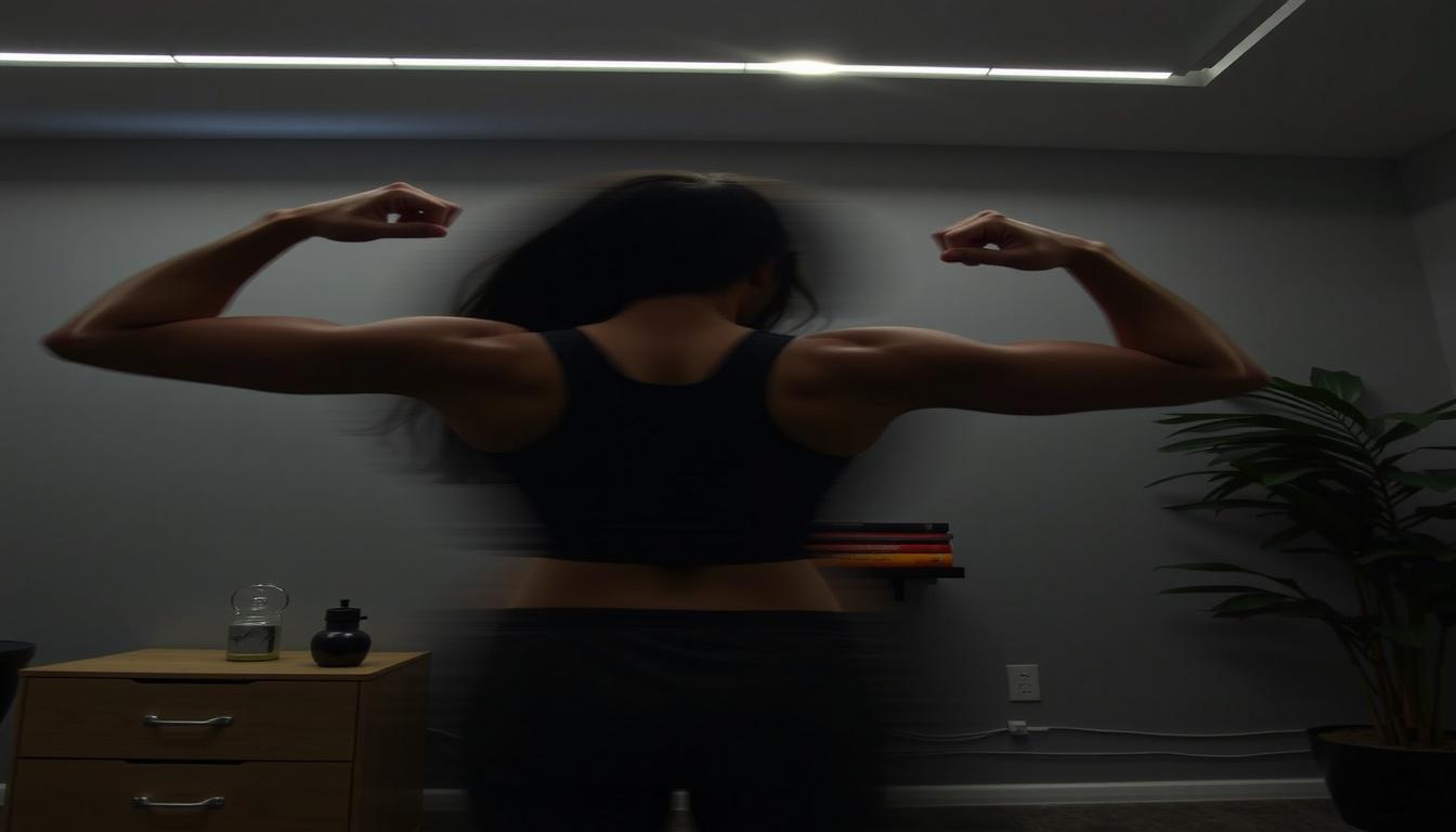 Main art studio: Begin with her hand fully covering the camera, making the frame completely black. She quickly moves it away, revealing the same room, clothing, and ap
