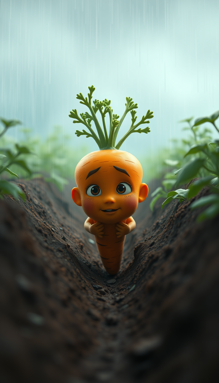 Main art studio: Brave little orange carrot Gaju discovering a hidden narrow dirt channel under the rain, looking determined, flooded vegetable garden behind her, dram