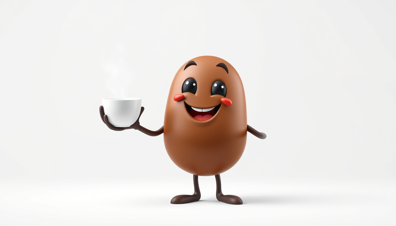 Main art studio: A cute cartoon coffee bean mascot with arms and legs, holding a steaming cup of coffee in one hand, friendly happy face, elegant coffee brand advertis