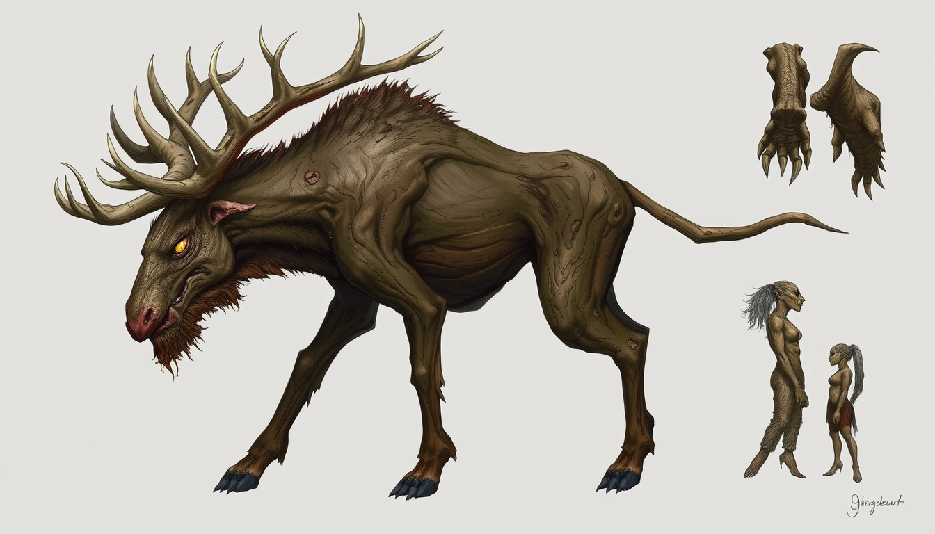 Creatures idea: original fantasy creature concept, imaginative anatomy, detailed texture, Waldgeist aus Moos und verworrenem Holz , full-body creature design sheet