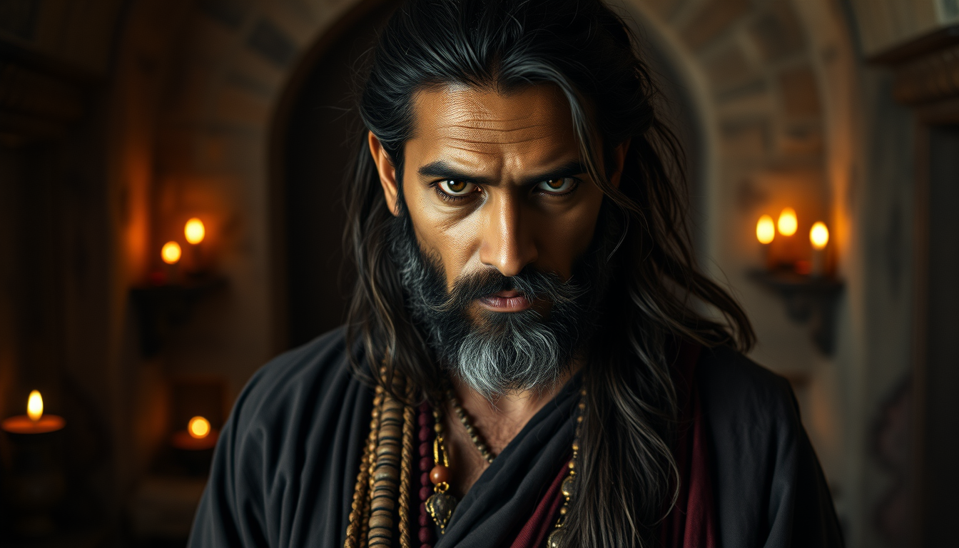Main art studio: Singhiya, an adult male tantric from a fictional historical Rajasthani legend, dark traditional robes, long unkempt hair, intense expression, standing