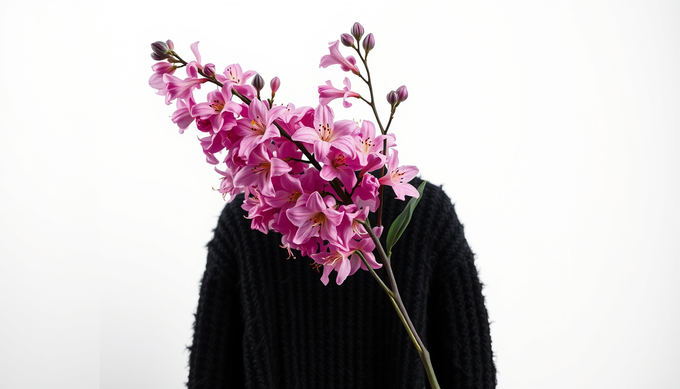 Main art studio: ein pulover in einem hellen lila auf der brust in schwarz ein bild von einem floralen muster weißer hintergrund und fotorealistisch