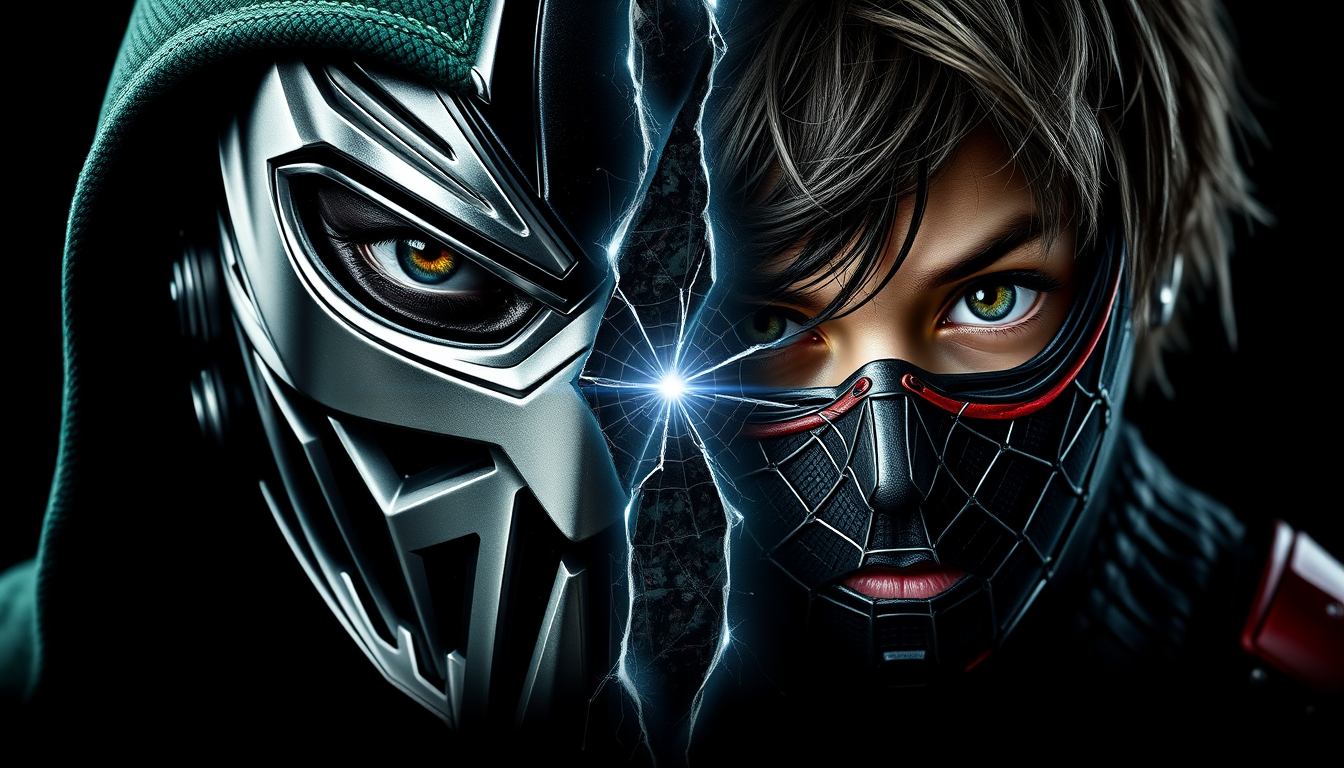 Main art studio: Dark cinematic 4K wallpaper, DOOMSDAY PARKER. Vertical split portrait: left, silver armored villain mask, piercing eyes, emerald hood; right, young sp