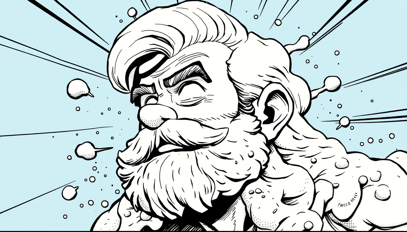 AI Comic idea created from the prompt: comic panel, bold inks, halftone shading, speech-bubble ready composition, Théo prit un nouveau de la mousse à raser!Il déposa une grosse qu