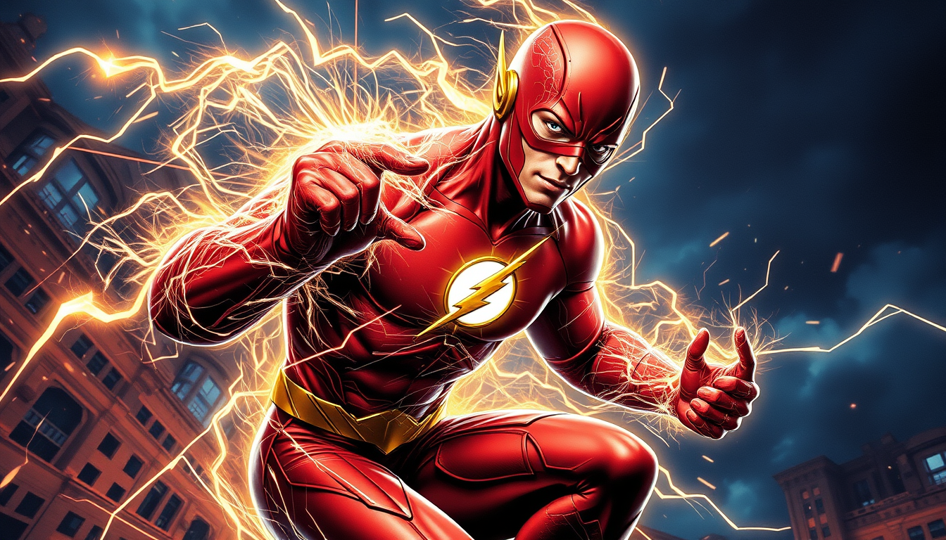 Main art studio: Il supereroe Flash che esegue una fleche con una spada in mano