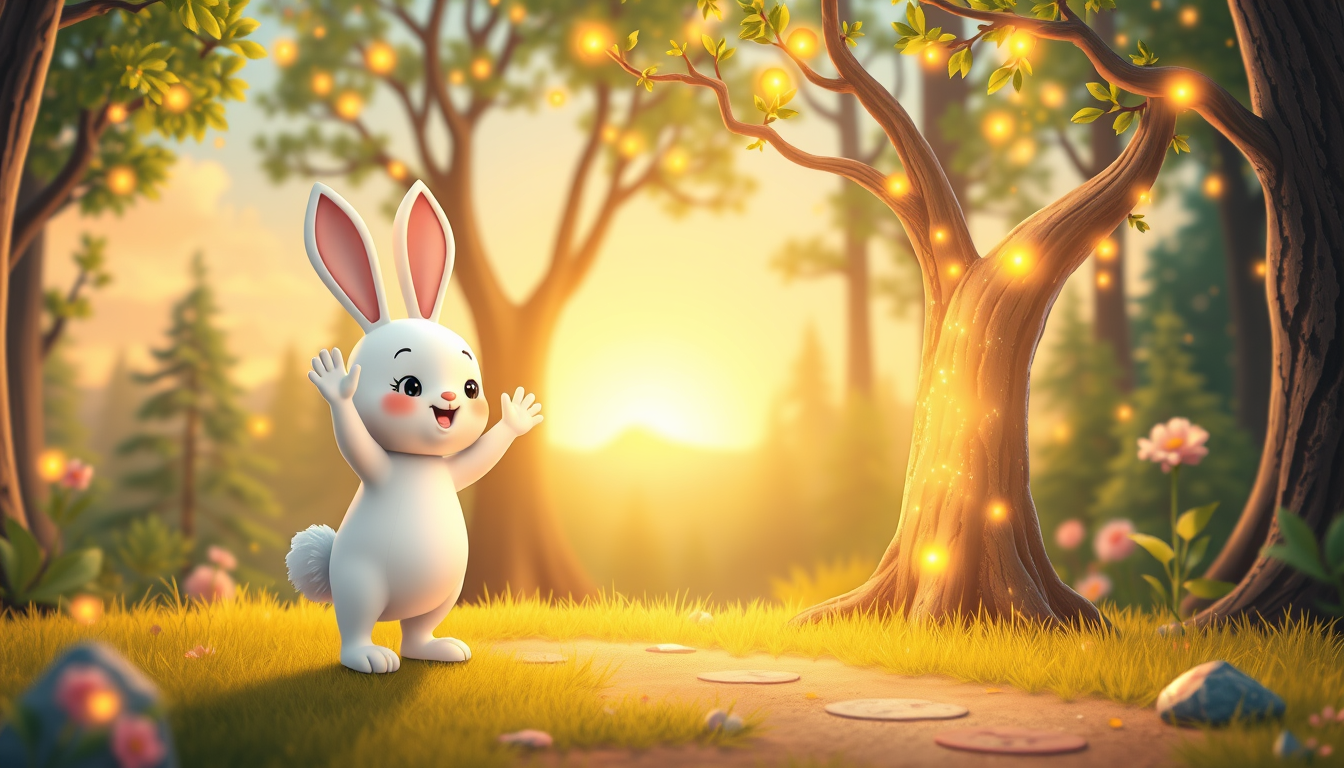 Main art studio: The same cute white bunny and little bird wave goodbye happily beside the glowing magical tree. Golden sparkles fill the magical forest, beautiful sun