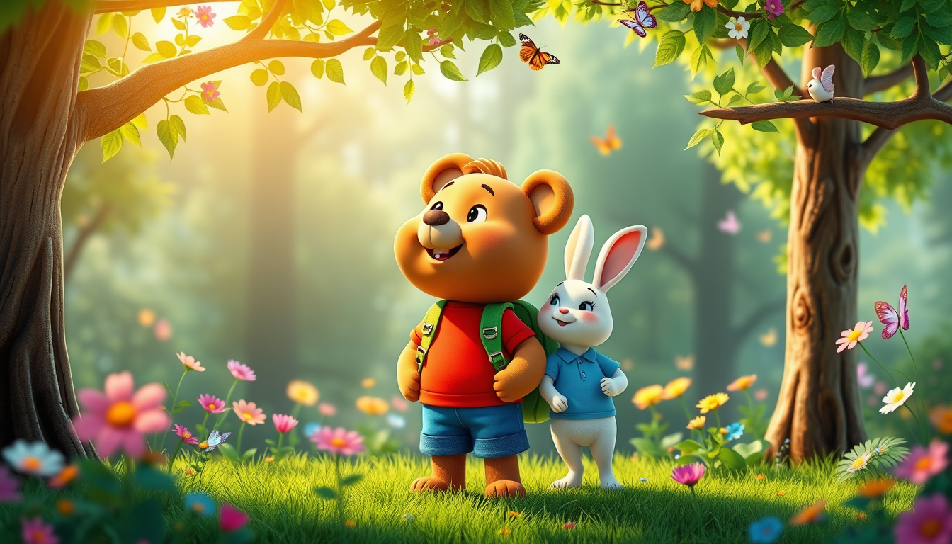 Main art studio: 3D animated children's cartoon. Bruno, a cute brown 1 bear wearing a red T-shirt, blue shorts, and green backpack, stands beside Benny, a small white 