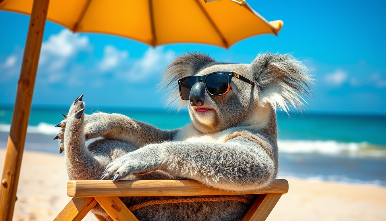 Main art studio: a koala relaxing on a chair at the beach. he is wearing black sunglasses, and there is an umbrella keeping him nice and cool.