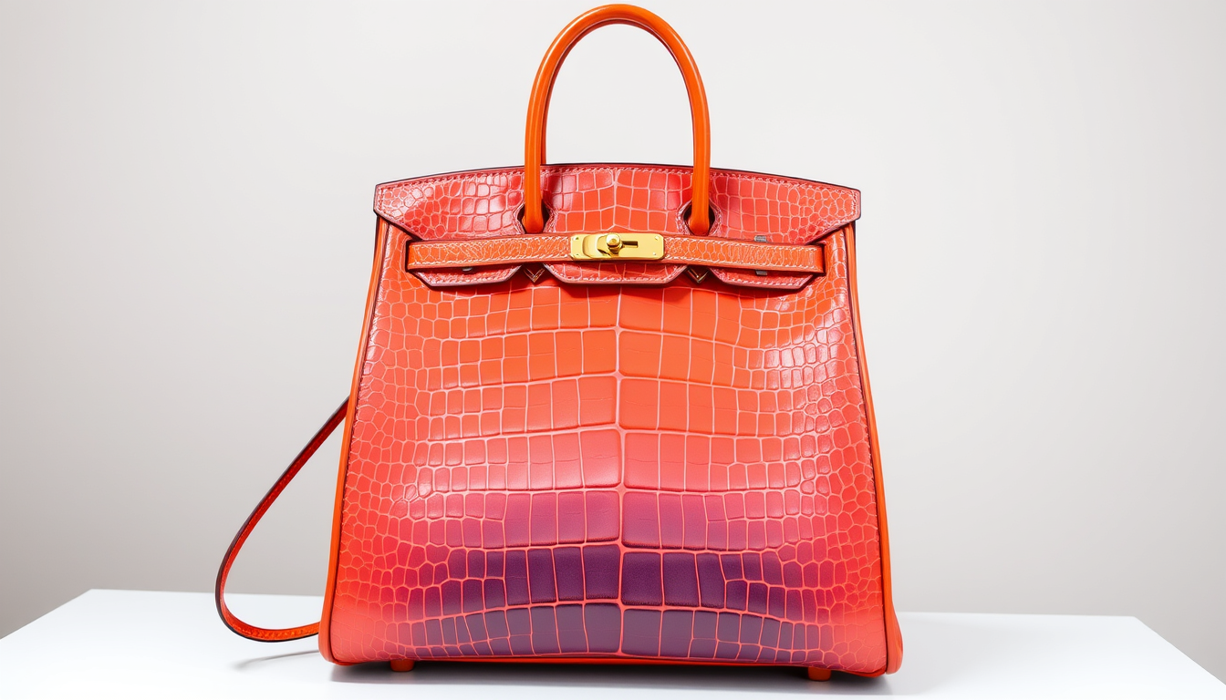 AI Art prompt example created from the prompt: Erstelle mir meine Traumtasche es soll eine Hermes Birkin sein mit krokodilleder in der Größe 35 die Farben sollen orange und pink sein aber