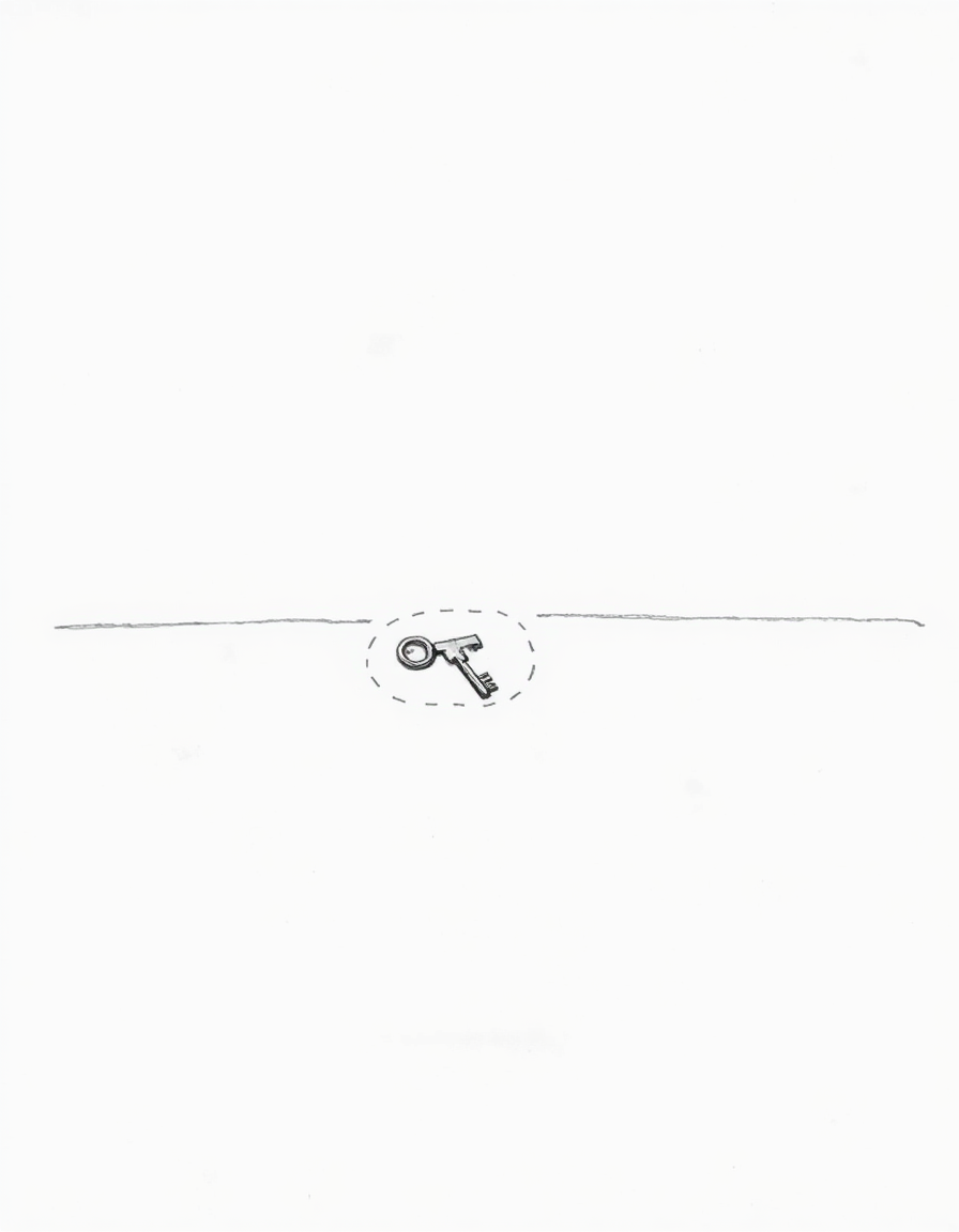 Main art studio: Minimalist black and white pencil sketch of a single small key lying alone on an empty table, with a simple dotted outline around the spot where it sh