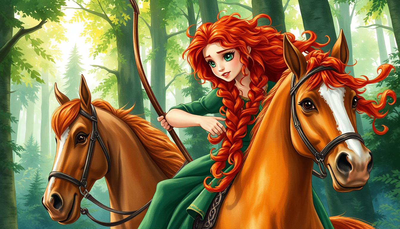 Main art studio: Merida, a teenage princess with long wild curly bright red hair, green eyes, and a medieval green dress, riding her beautiful brown horse through a de