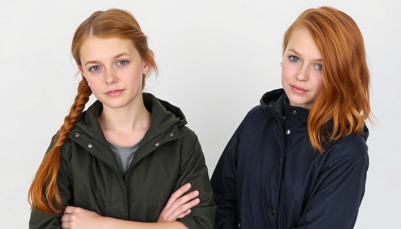 Main art studio: Zwei 13-jährige Zwillingsschwestern, Lyra und Embla, vor schlichtem weißem Hintergrund. Beide haben natürlich rote Haare und einen Mittelscheitel. Lyr