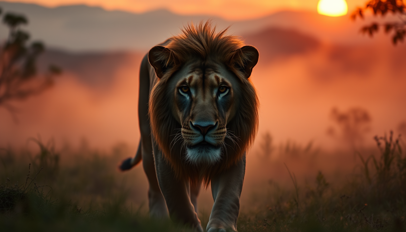 Main art studio: Scene progression:** 0–10 sec — Cinematic sunrise over a vast jungle. Introduce the lion walking slowly through the mist. Close-up of his face. Make a