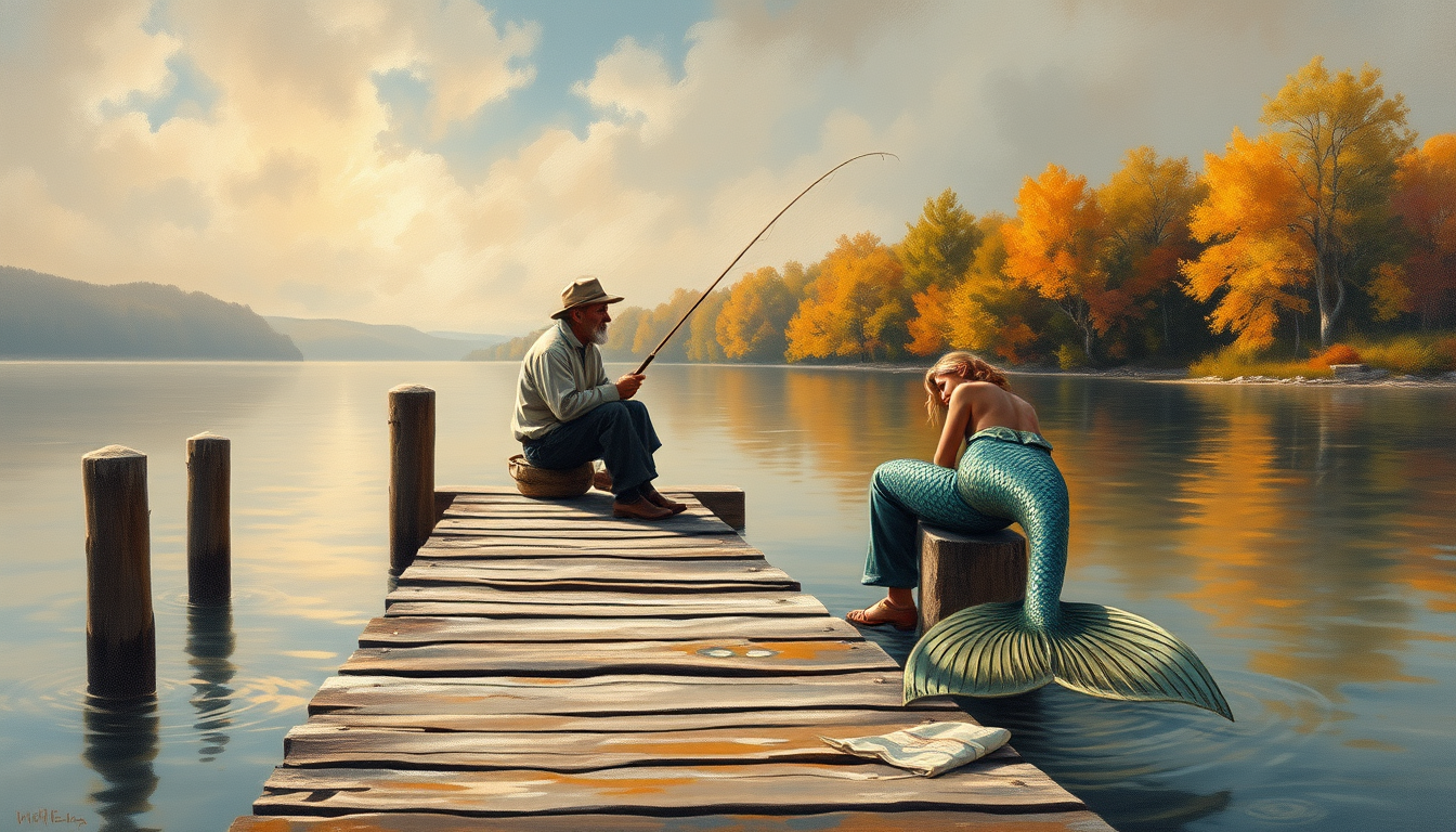 Main art studio: A traditional oil painting of an old fisherman sitting on a wooden pier and quietly fishing, with a beautiful adult mermaid sitting beside him on her