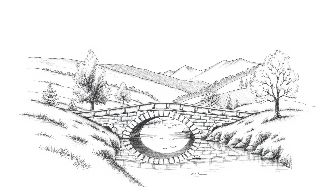 Main art studio: Un dessin de paysage au crayon de papier, en noir et blanc, de niveau intermédiaire, réaliste mais facile à reproduire à la main. Au centre, un joli p