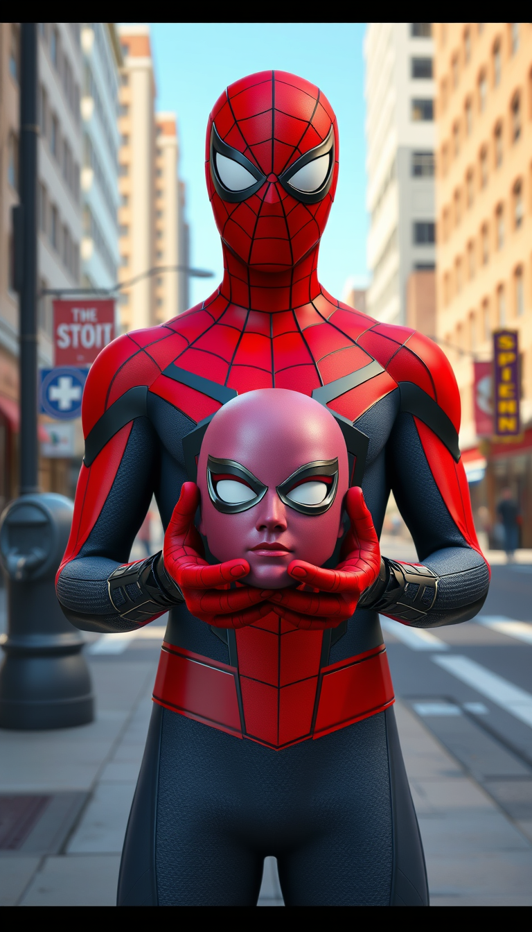 Main art studio: A highly detailed 3D-style scene of Spider-Man wearing his classic red-and-blue suit, standing on a city sidewalk in bright daytime, holding a Supergi