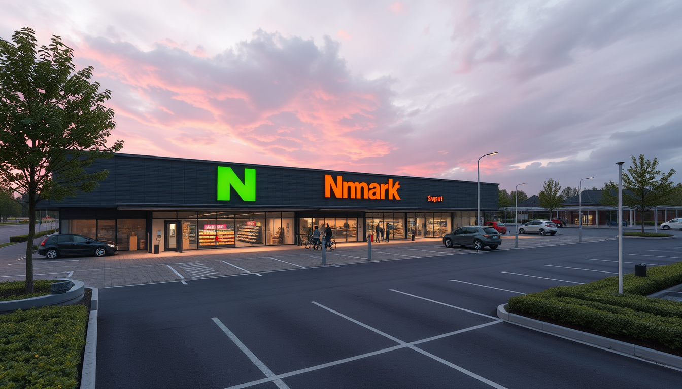 Main art studio: In Bremen gibt es die Firma Nehlsen. Erstelle einen futuristischen und nachhaltigen Supermarkt mit großem Parkplatz mit Ladesäulen und PV Anlage auf d