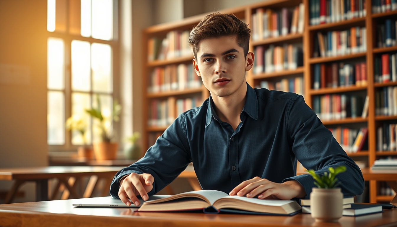 AI Art prompt example created from the prompt: Recreate this image with the same student, desk, library setting, and overall composition. Change the student’s outfit to a dark blue shirt,