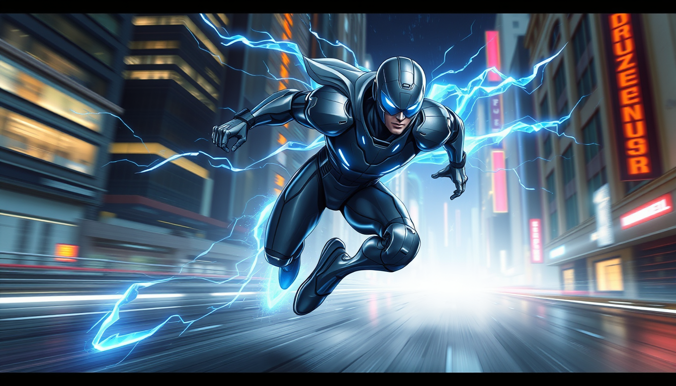 Main art studio: Original superhero named Time Runner, a super-speed hero sprinting through a futuristic city, sleek gray and electric-blue armored suit, glowing blue