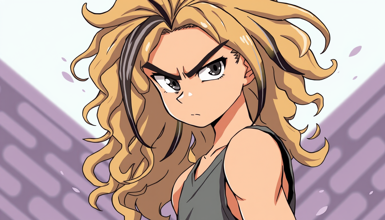 Anime idea: anime style, vibrant colors, expressive eyes, Tan dark dirty blonde curly long and wavy hair side profile side eye mad face light gray tank top and sh