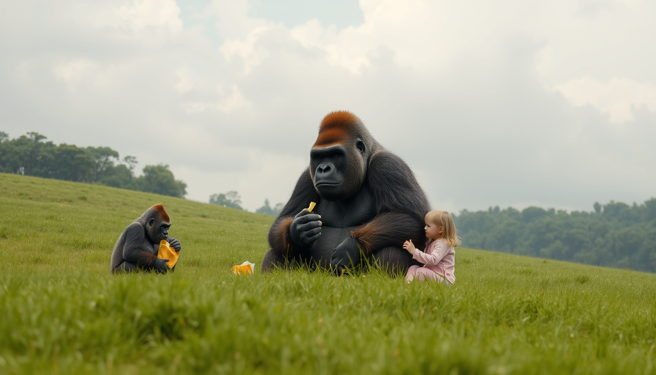 Main art studio: A gorilla that is in the shape of a cube on a big grass field with his family eating chips