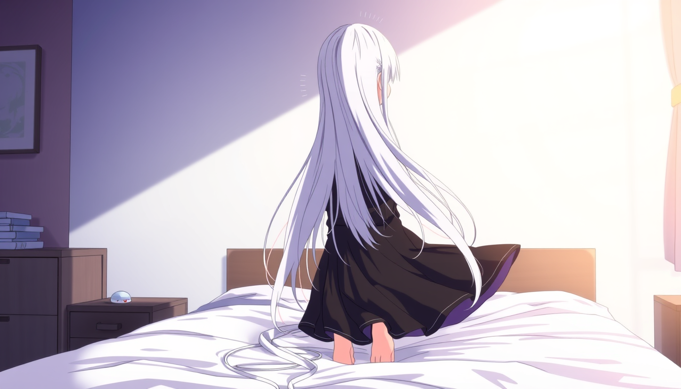 Main art studio: A anime woman with long white hair, black clothing from top to down standing in a stance position on all four, she is sitting on a bed with a rier vie