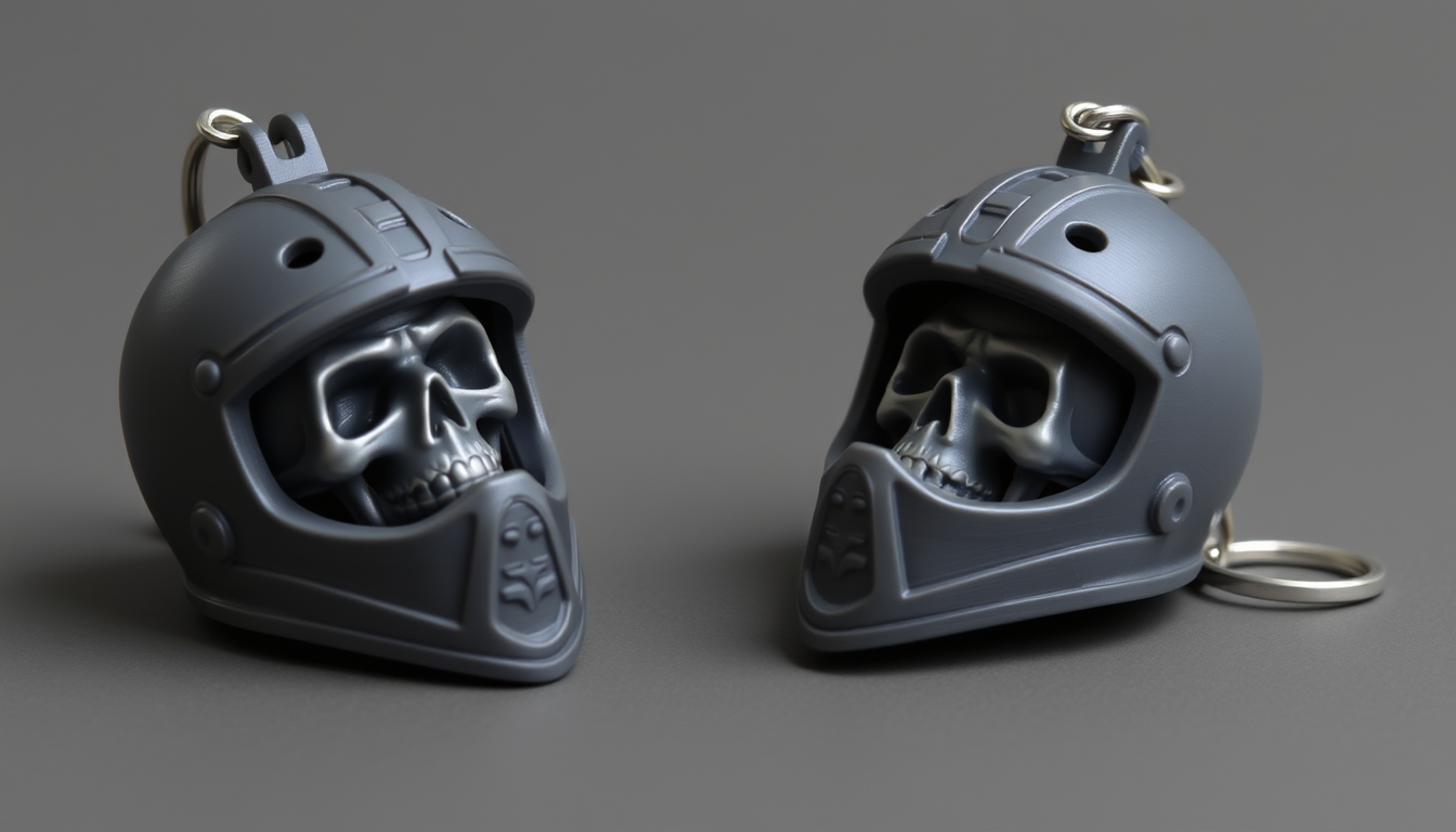 Main art studio: 3D printable miniature motorcycle helmet keychain, hollow helmet shell, removable skull insert inside, articulated opening visor with hinge pin, separ