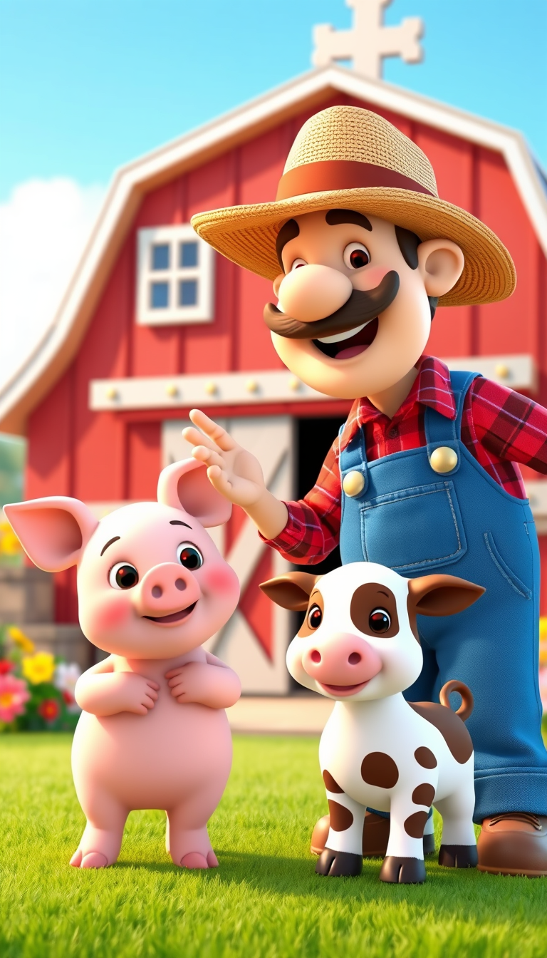 Main art studio: Very Old MacDonald farmer in blue overalls, red plaid shirt and straw hat, happily greeting a cute pink piglet with big round eyes and a cheerful smil