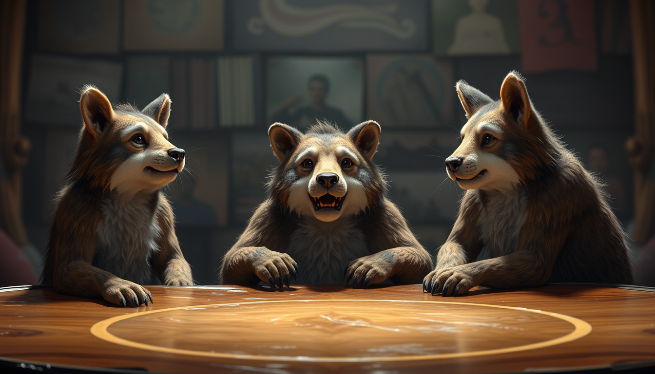 Main art studio: 3 animal boys watching wrestling