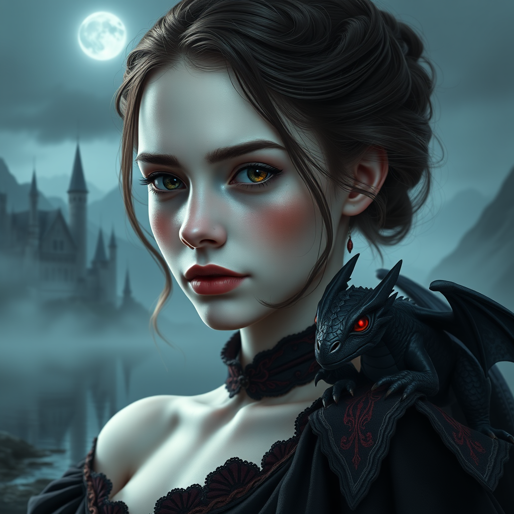 Main art studio: Semi-realistic fantasy portrait of a young adult woman with very pale, cool porcelain skin, a soft rounded face, large expressive brown eyes, a natura