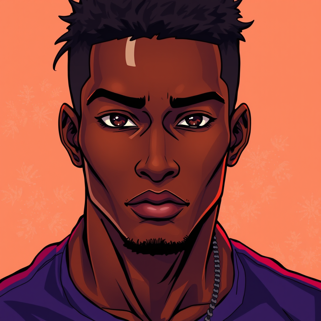 Anime idea created from the prompt: anime style, vibrant colors, expressive eyes, Jeune homme africaine forme bien dessiner je veux noir yeux marron visage en forme , detailed 