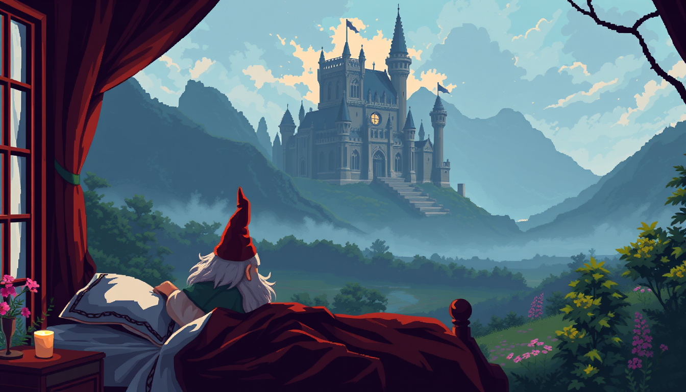 Sprites idea: pixel art game sprite, clean pixel grid, retro 16-bit palette, Dark fantasy pixel art, a gnome sitting in a bed looking through the window at , mornin