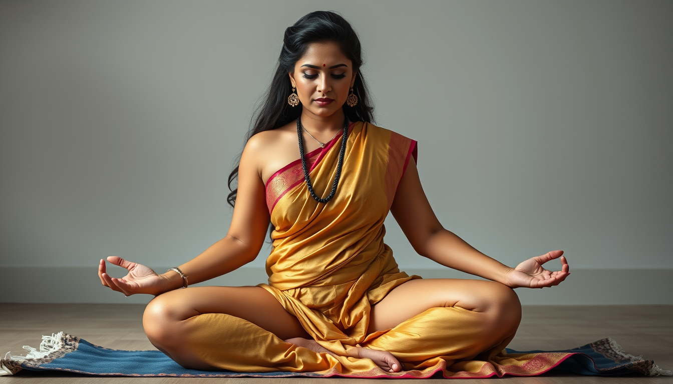 Main art studio: A desi indian woman with curvy busty body in saree hyper realistic.. waiting down in yoga position spreading legs exposing her thighs towards the came