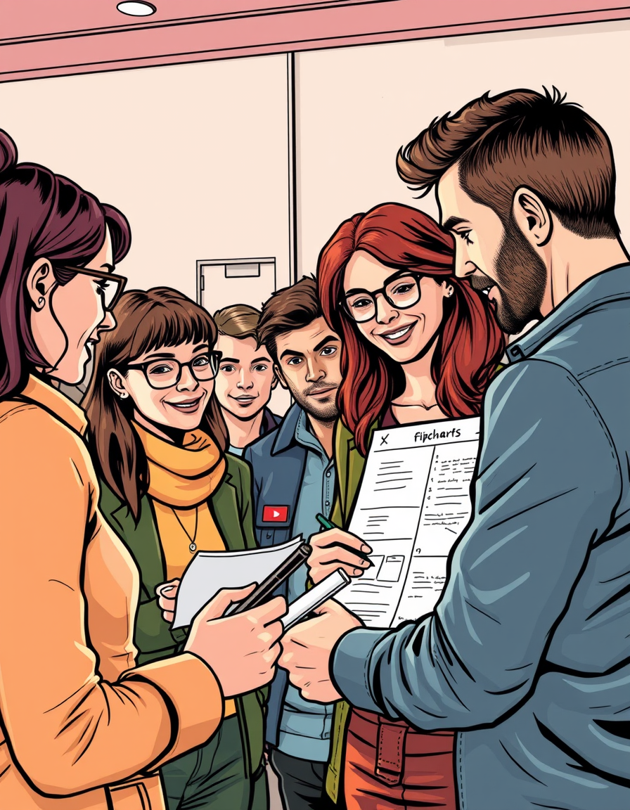 Main art studio: comic style. Ligne Claire. A team working together. With flipchart. someones are writing notes. Everybody ha a papercard in his hands. Friendly lookin