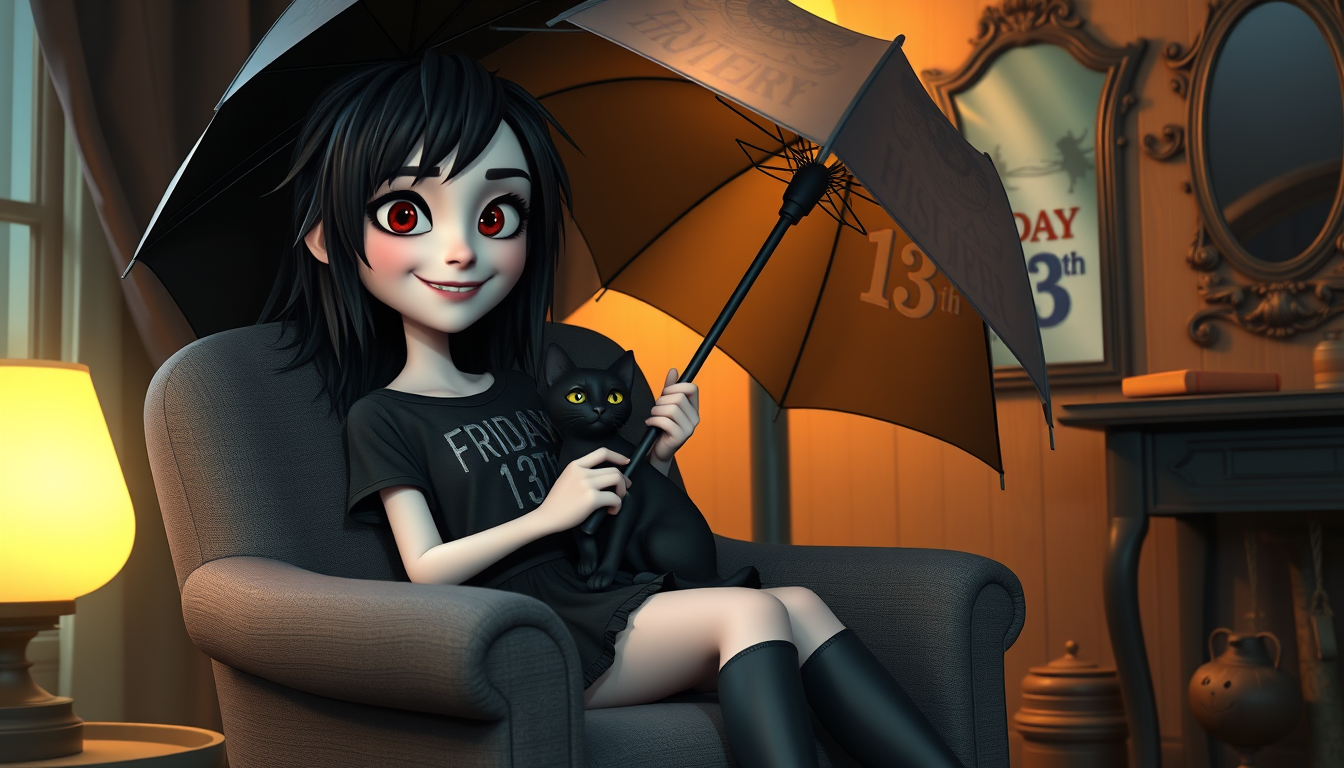 AI Art prompt example created from the prompt: 3D Pixar-style render. A pale Goth girl with messy black hair and heavy makeup, wearing a layered band tee and skirt, sits in a grey armchai