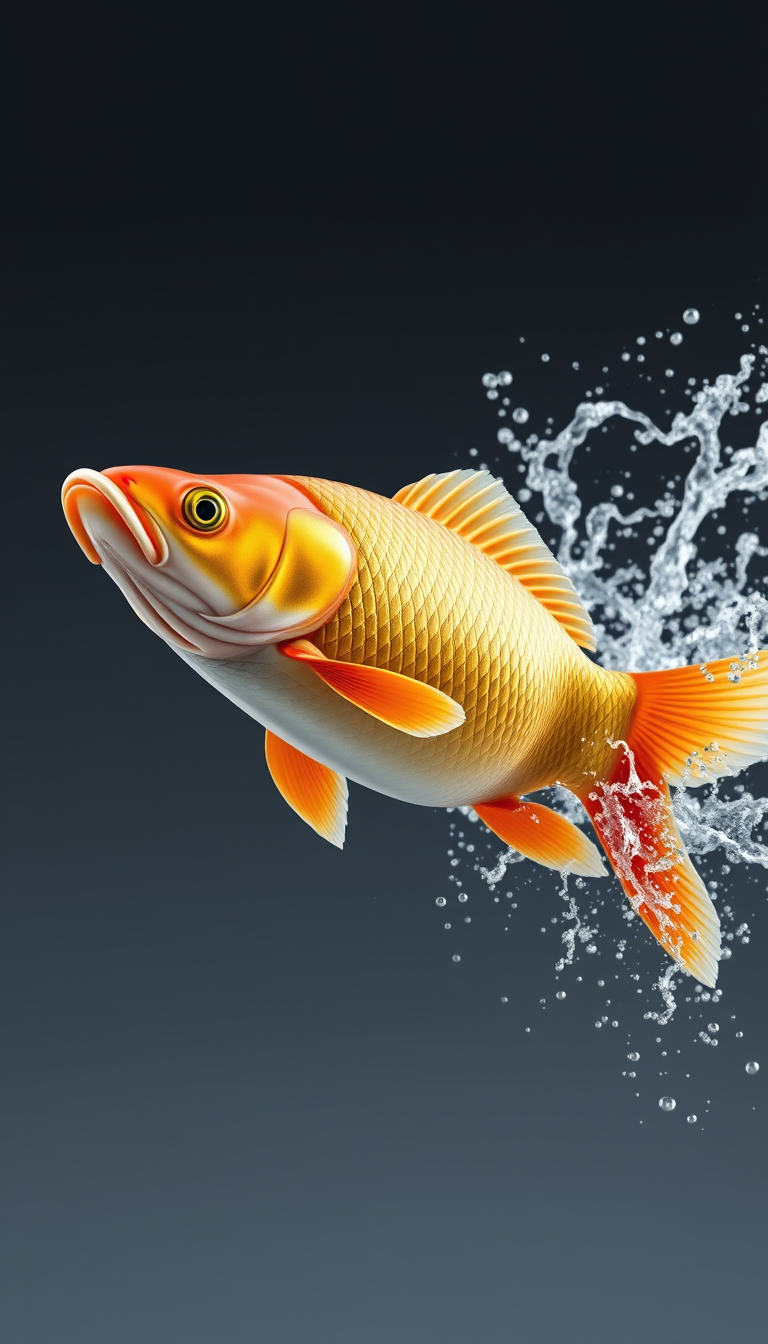 AI Art prompt example created from the prompt: Photorealistic large carp fish jumping out of water, golden scales, dramatic water splash, side view, isolated subject, commercial food adve