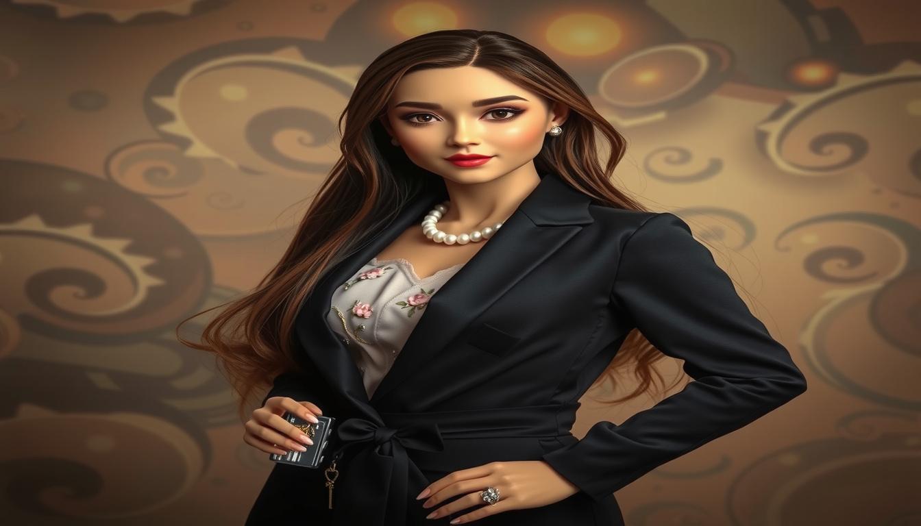 Main art studio: A hyper-realistic collectible fashion doll with a beautiful realistic face, radiant porcelain skin, long silky chestnut hair, soft rosy makeup, and a 