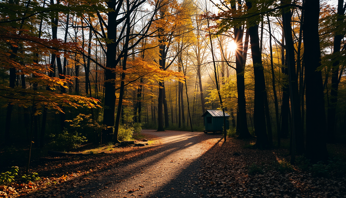 Main art studio: a quiet forest path in autumn light