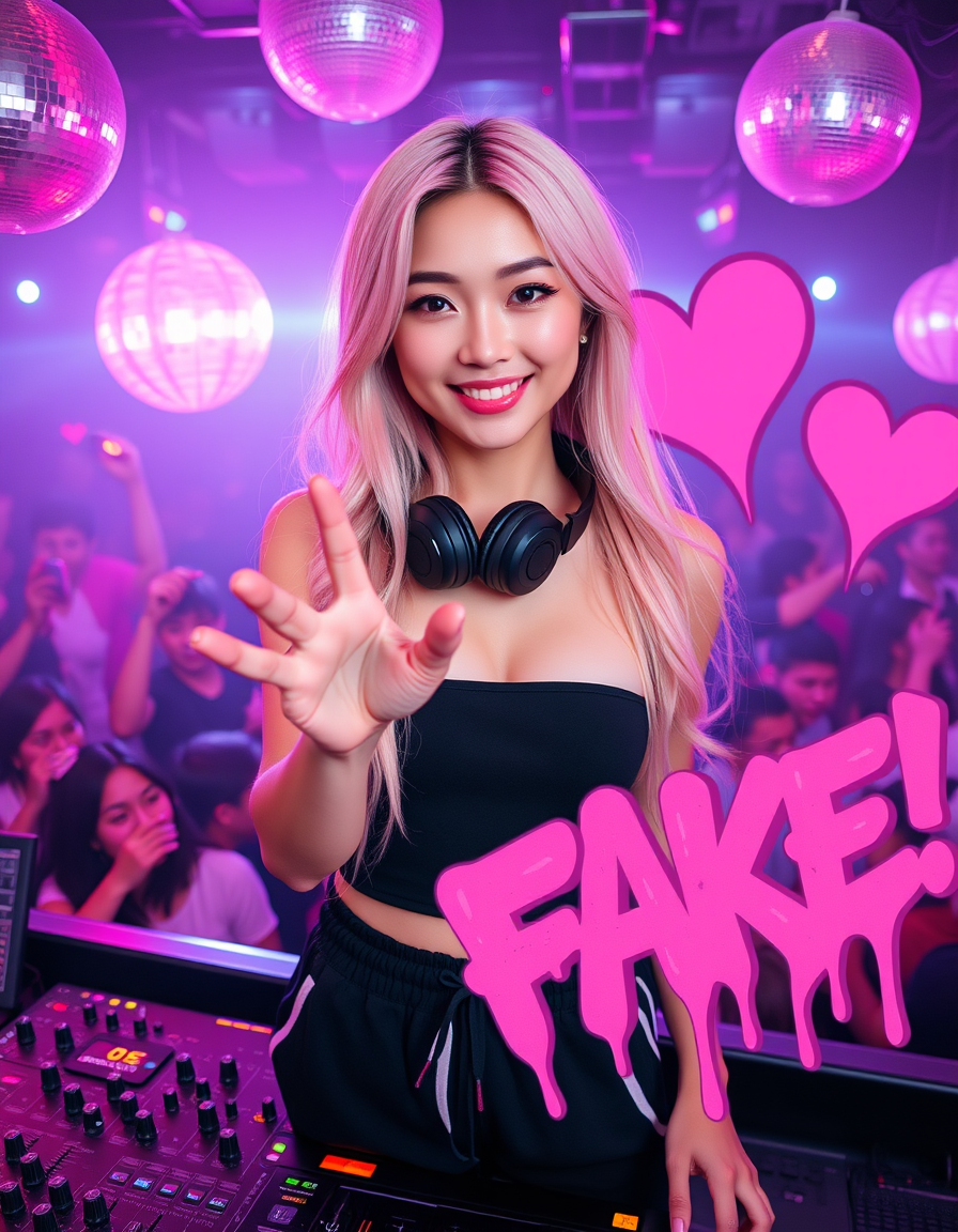 Main art studio: Ultra-realistic vertical photo of a young Japanese woman DJ with long pastel pink hair, natural skin and soft pink makeup. Black strapless top, black