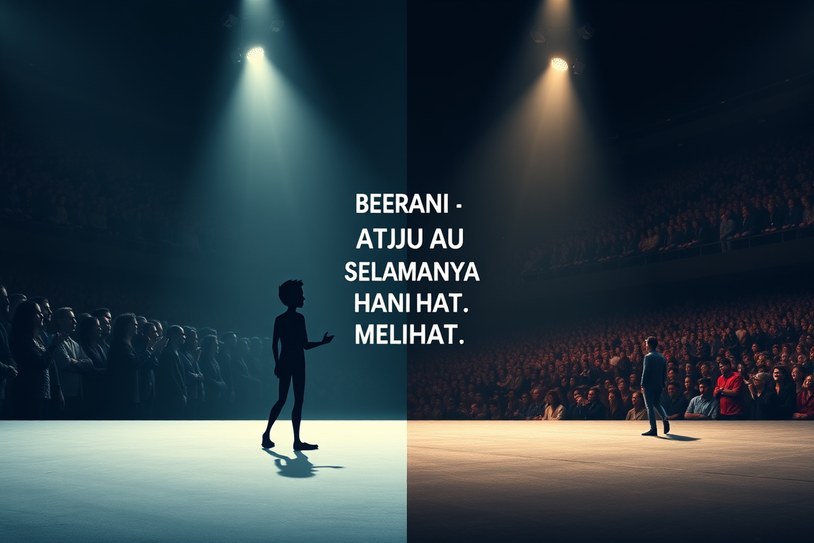 Main art studio: Minimalist conceptual motivational poster, 16:9. One stickman split vertically into two realities. Left: he stands among a large audience, only watchi
