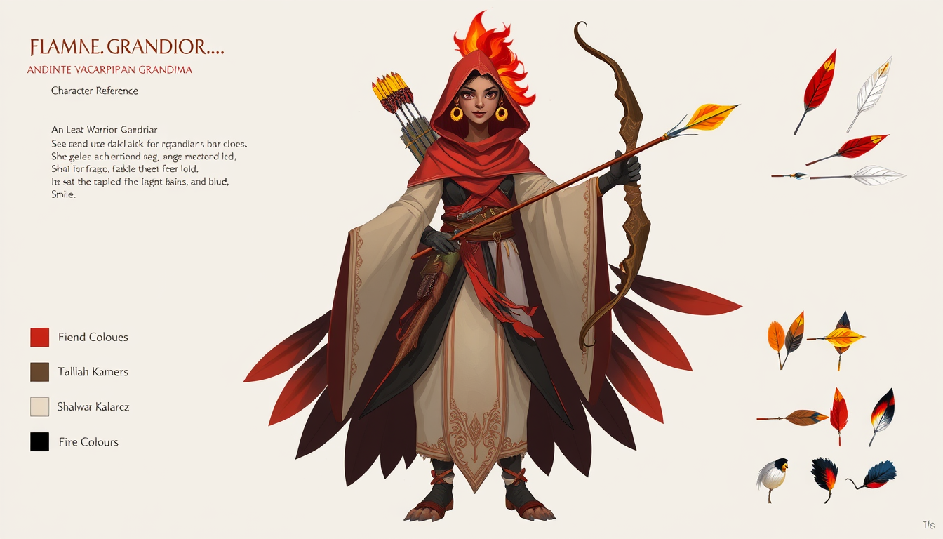 Main art studio: Character reference sheet of an ancient, divine warrior guardian grandma with a lean, archer build and dark tanned skin. She has flame shaped hair and