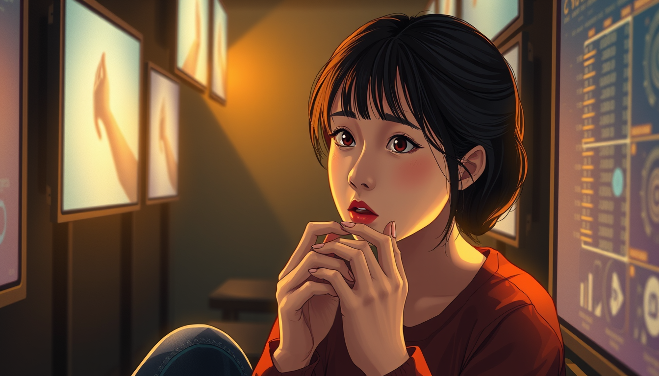 Main art studio: Cinematic semi-realistic digital illustration of a young woman sitting alone in a dim room surrounded by large glowing screens. She stares intensely a