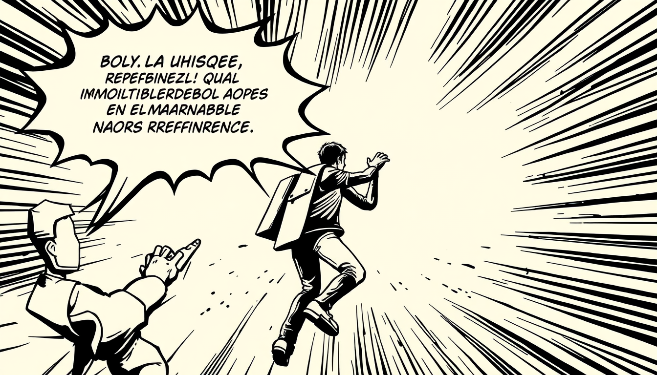 Comic idea: comic panel, bold inks, halftone shading, speech-bubble ready composition, crea unja historieta sobre el mal uso del moviliario en escuelas basandote