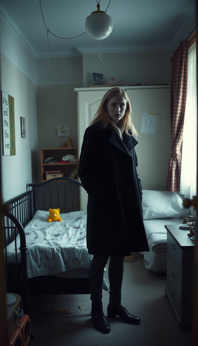 Main art studio: Same young woman in a black coat standing inside an old childhood bedroom. She looks shocked. An old bed, small toys, and childhood drawings are visib