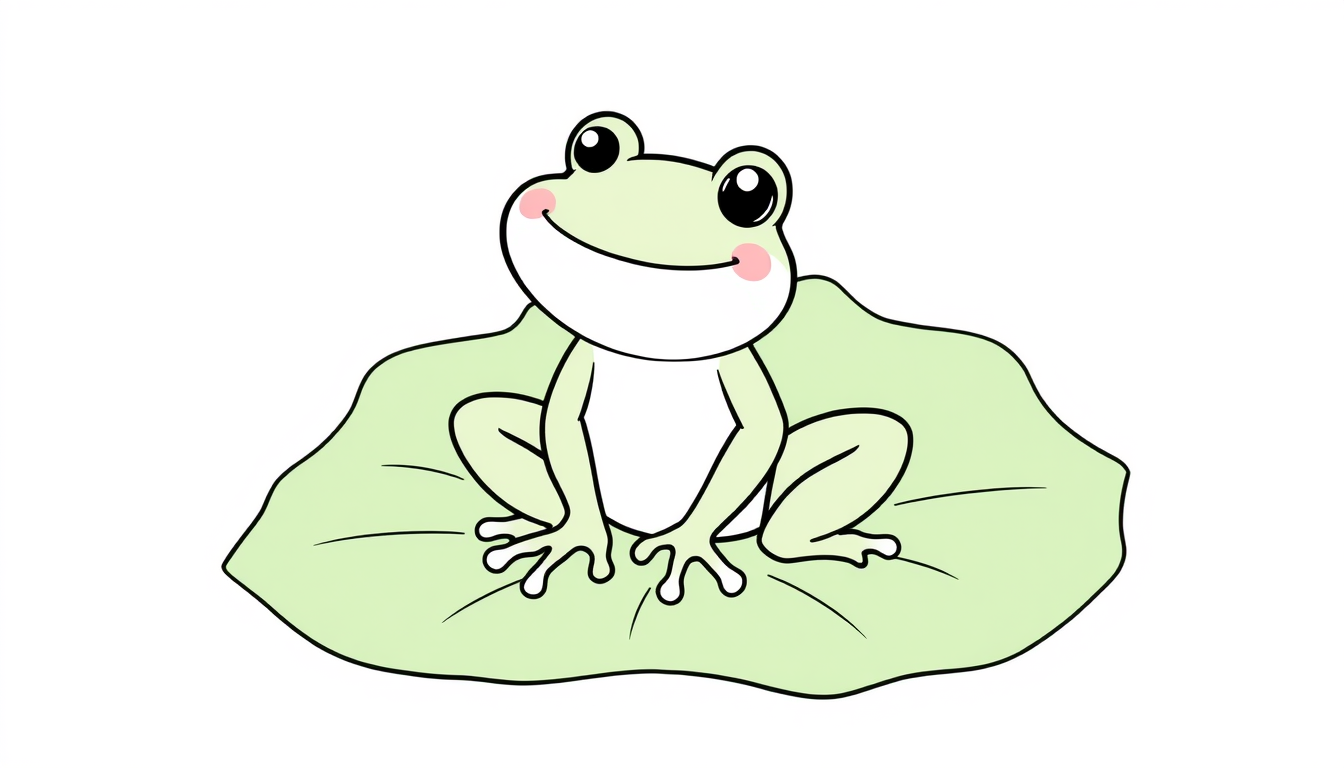 Main art studio: A simple and cute cartoon frog sitting on a big lotus leaf, smiling, ultra thick lines, easy coloring book page for toddlers, clean line art, no color
