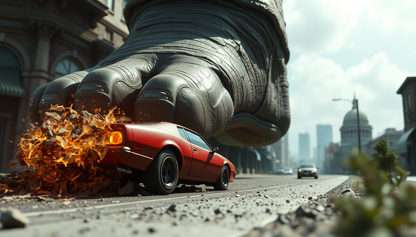 Realistic Images idea: photorealistic generated image, natural materials and skin texture, physically plausible lighting, Photorealistic photo of a giant foot crushing a tin