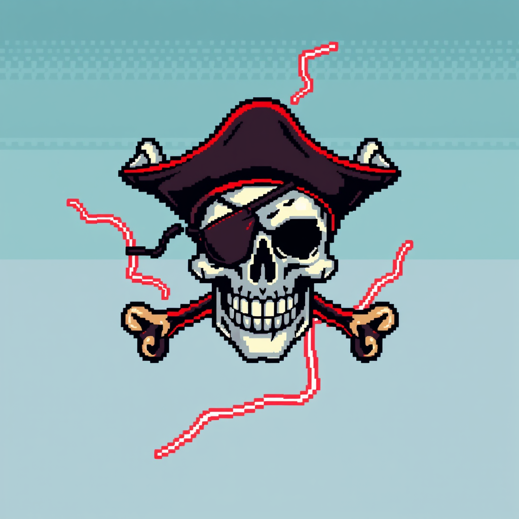 AI Pixel Art idea created from the prompt: pixel art, 32x32 sprite scale, limited palette, retro 16-bit game art, 32x32 Jolly Roger. Skull with bones, eye patch, no hat, red/black ele