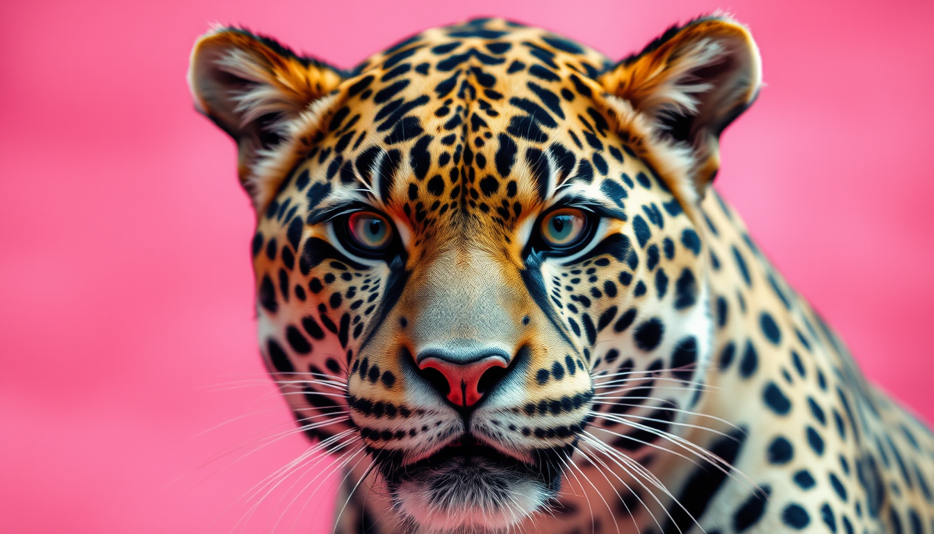 Main art studio: Mache mir einen großen Leopard, aber nur den Kopf von ihm mit einem rosanen Hintergrund und der soll aber auch so echt sein und er soll eine rosanen S