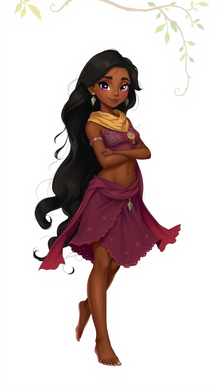 Main art studio: Zora is 5’4” (163 cm) with warm medium-brown skin, golden undertones, and long, thick black hair that’s naturally wavy with soft curls. Her amethyst-p