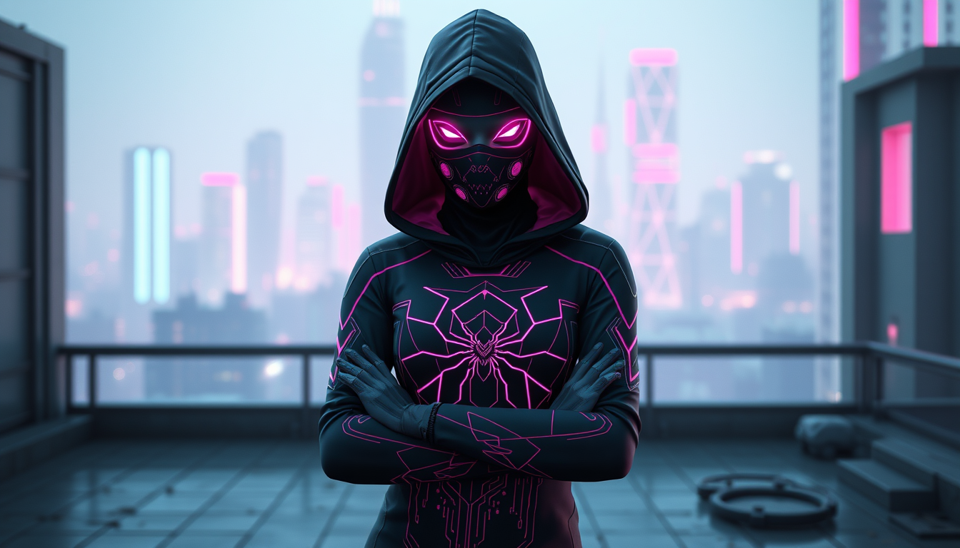 Main art studio: Teenage girl in a sleek, fully covered black hooded suit with a black full face mask. glowing magenta futuristic circuitry patterns and glitch fragmen